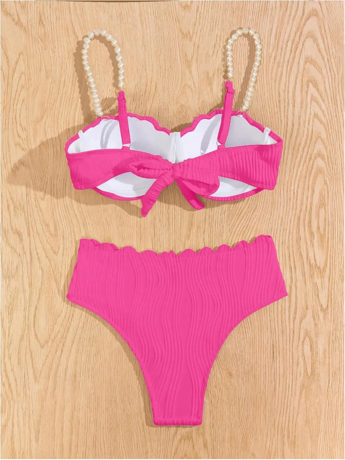 MakeMeChic Women's 2 Piece Bikini Set Textured Pearl Beaded Strap Scallop Trim High Waist Swimsuit
