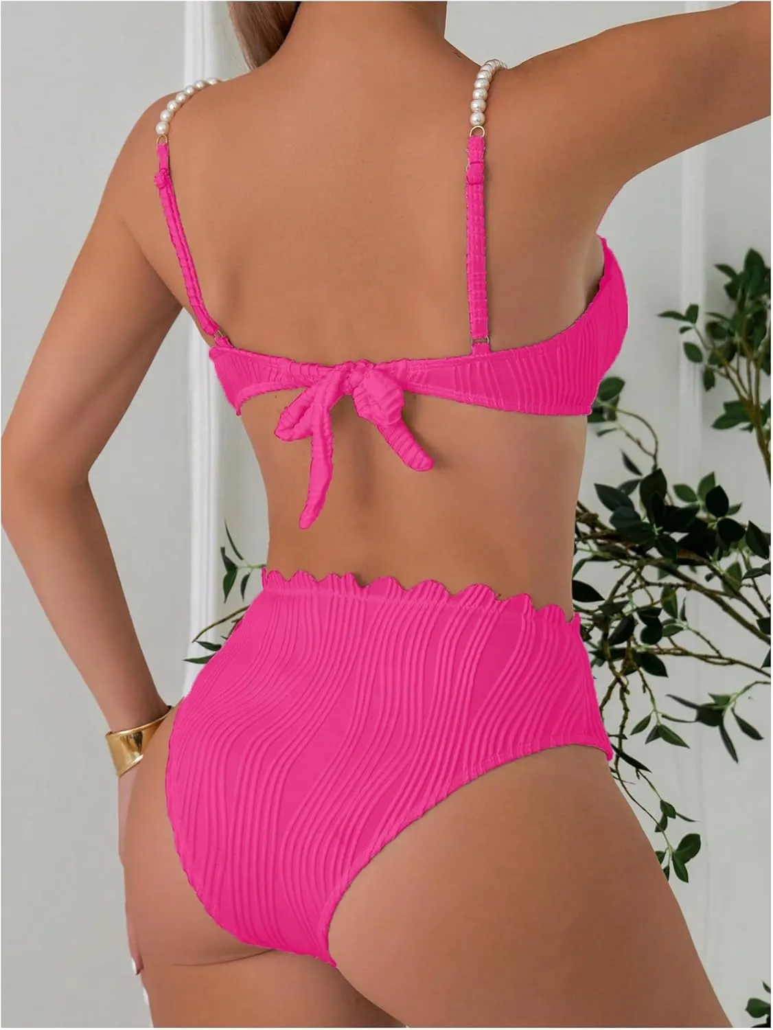 MakeMeChic Women's 2 Piece Bikini Set Textured Pearl Beaded Strap Scallop Trim High Waist Swimsuit