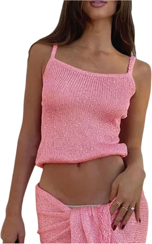 MakeMeChic Women's Bikini Cover Up Top Spaghetti Strap Sparkly Beach Vacation Summer Camisole