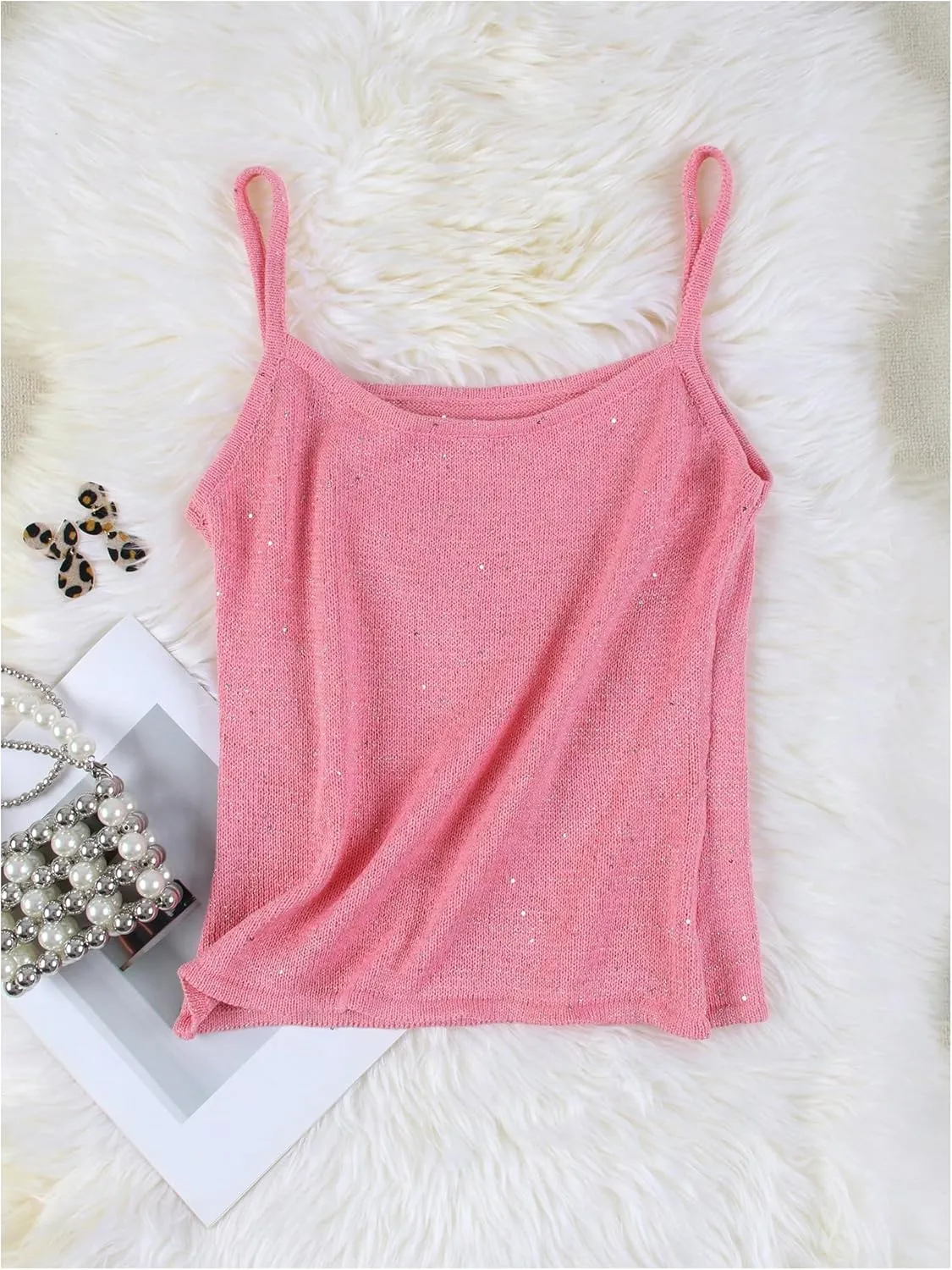 MakeMeChic Women's Bikini Cover Up Top Spaghetti Strap Sparkly Beach Vacation Summer Camisole