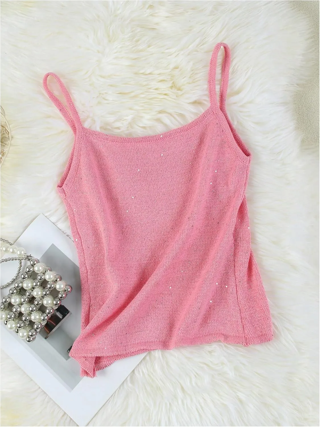 MakeMeChic Women's Bikini Cover Up Top Spaghetti Strap Sparkly Beach Vacation Summer Camisole
