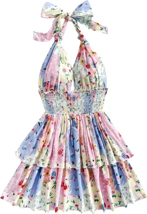 MakeMeChic Women's Floral Shirred Mini Dress Halter Ruffle Tiered Boho Summer Dresses