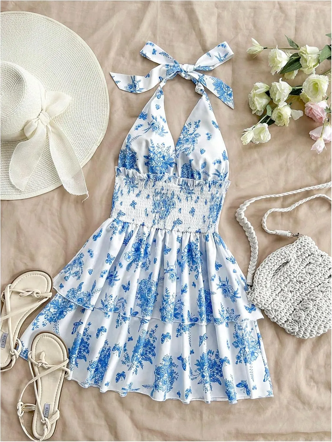 MakeMeChic Women's Floral Shirred Mini Dress Halter Ruffle Tiered Boho Summer Dresses