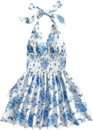 MakeMeChic Women's Floral Shirred Mini Dress Halter Ruffle Tiered Boho Summer Dresses