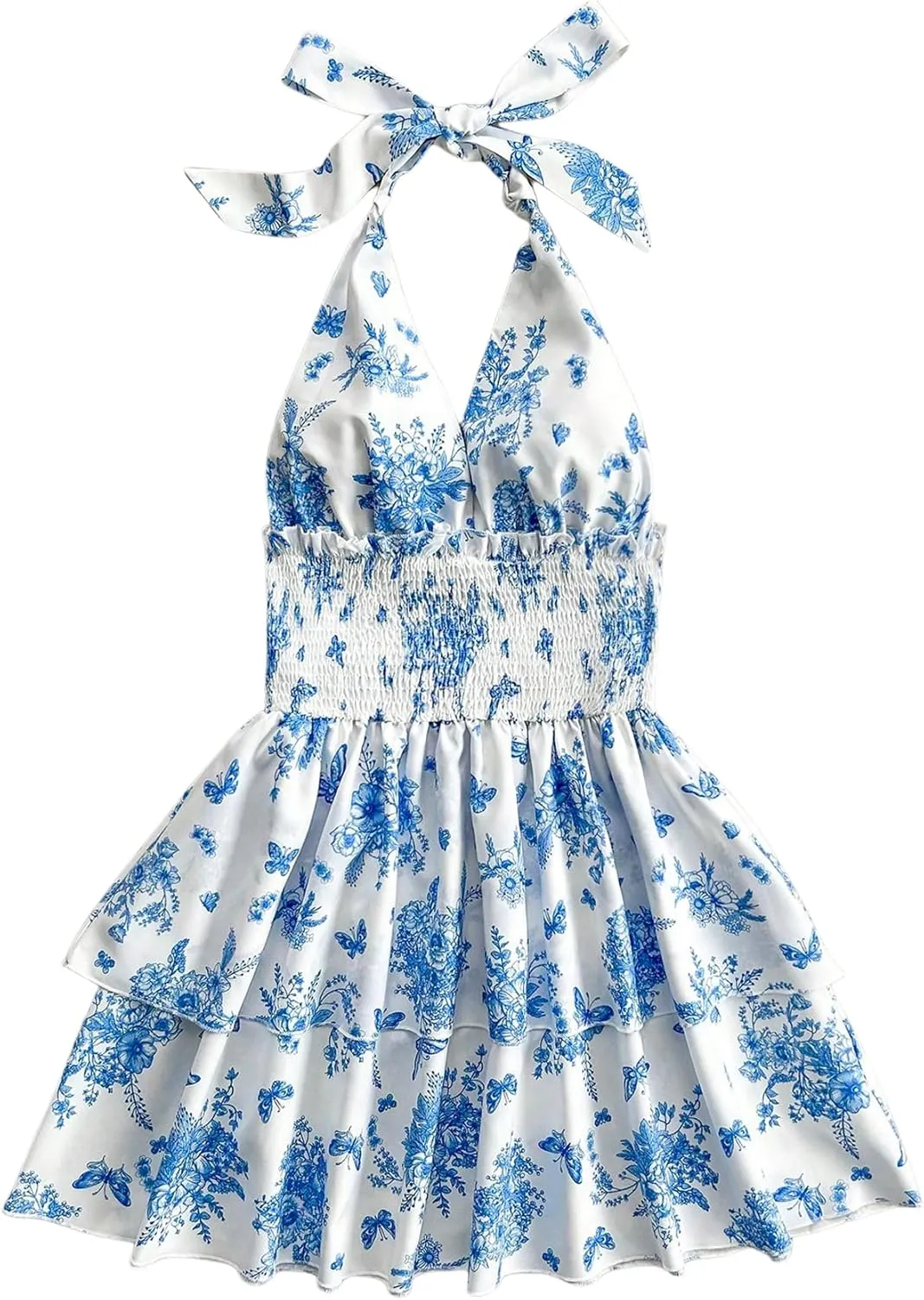 MakeMeChic Women's Floral Shirred Mini Dress Halter Ruffle Tiered Boho Summer Dresses