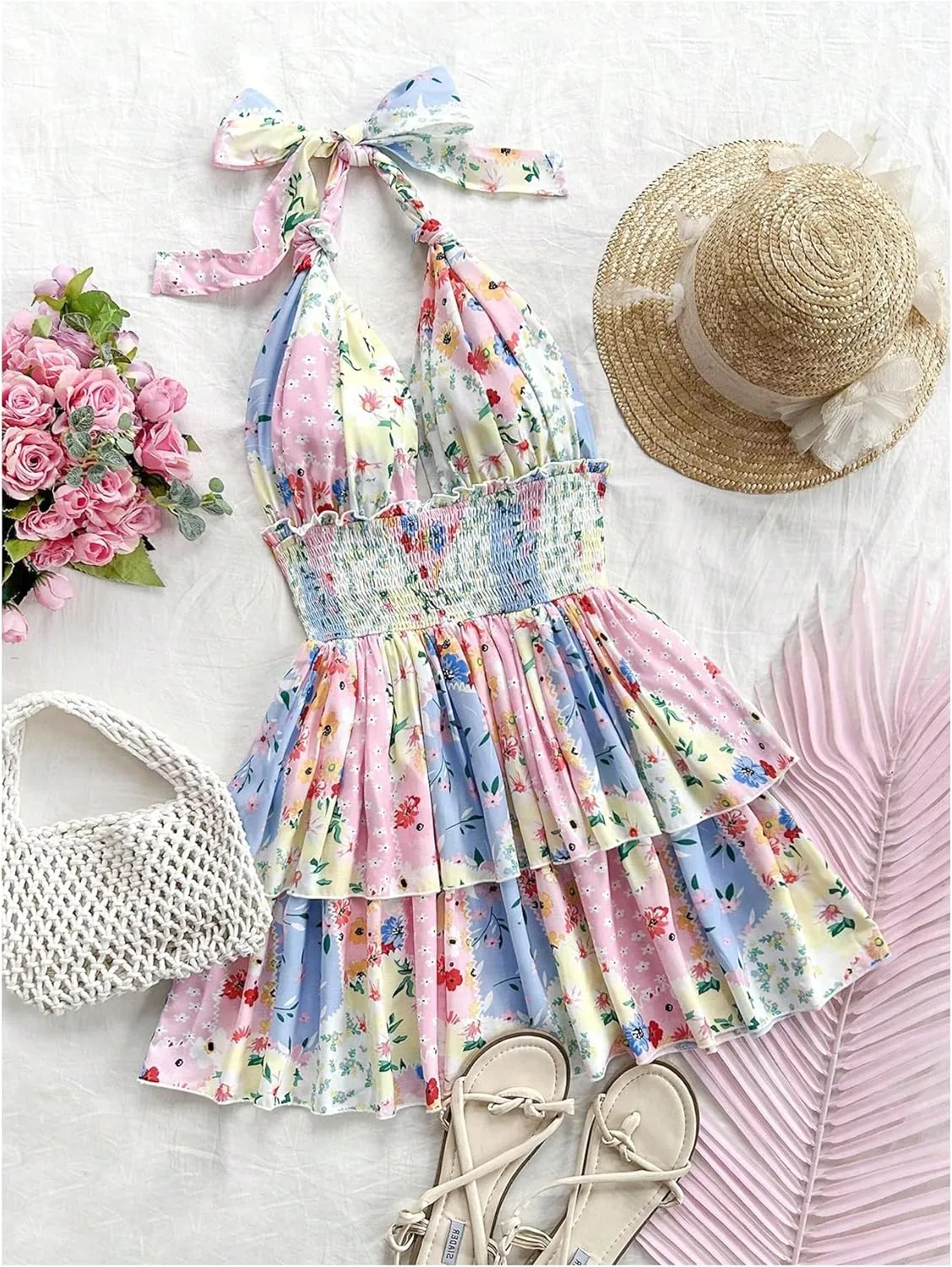 MakeMeChic Women's Floral Shirred Mini Dress Halter Ruffle Tiered Boho Summer Dresses