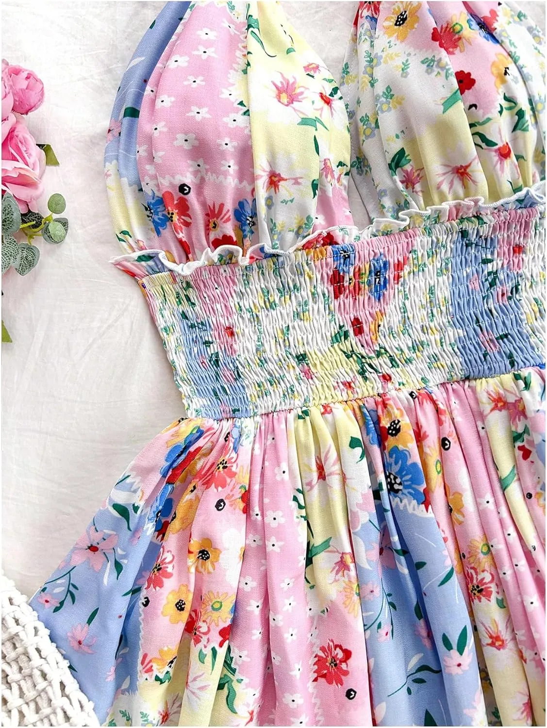 MakeMeChic Women's Floral Shirred Mini Dress Halter Ruffle Tiered Boho Summer Dresses