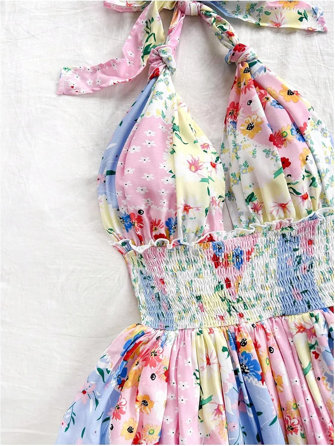 MakeMeChic Women's Floral Shirred Mini Dress Halter Ruffle Tiered Boho Summer Dresses