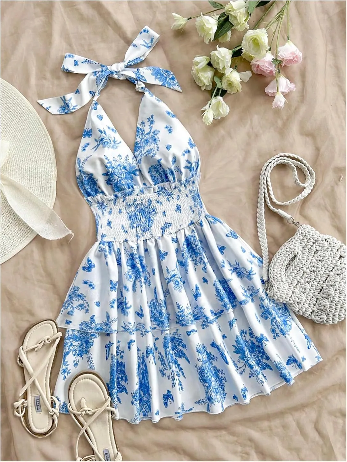 MakeMeChic Women's Floral Shirred Mini Dress Halter Ruffle Tiered Boho Summer Dresses