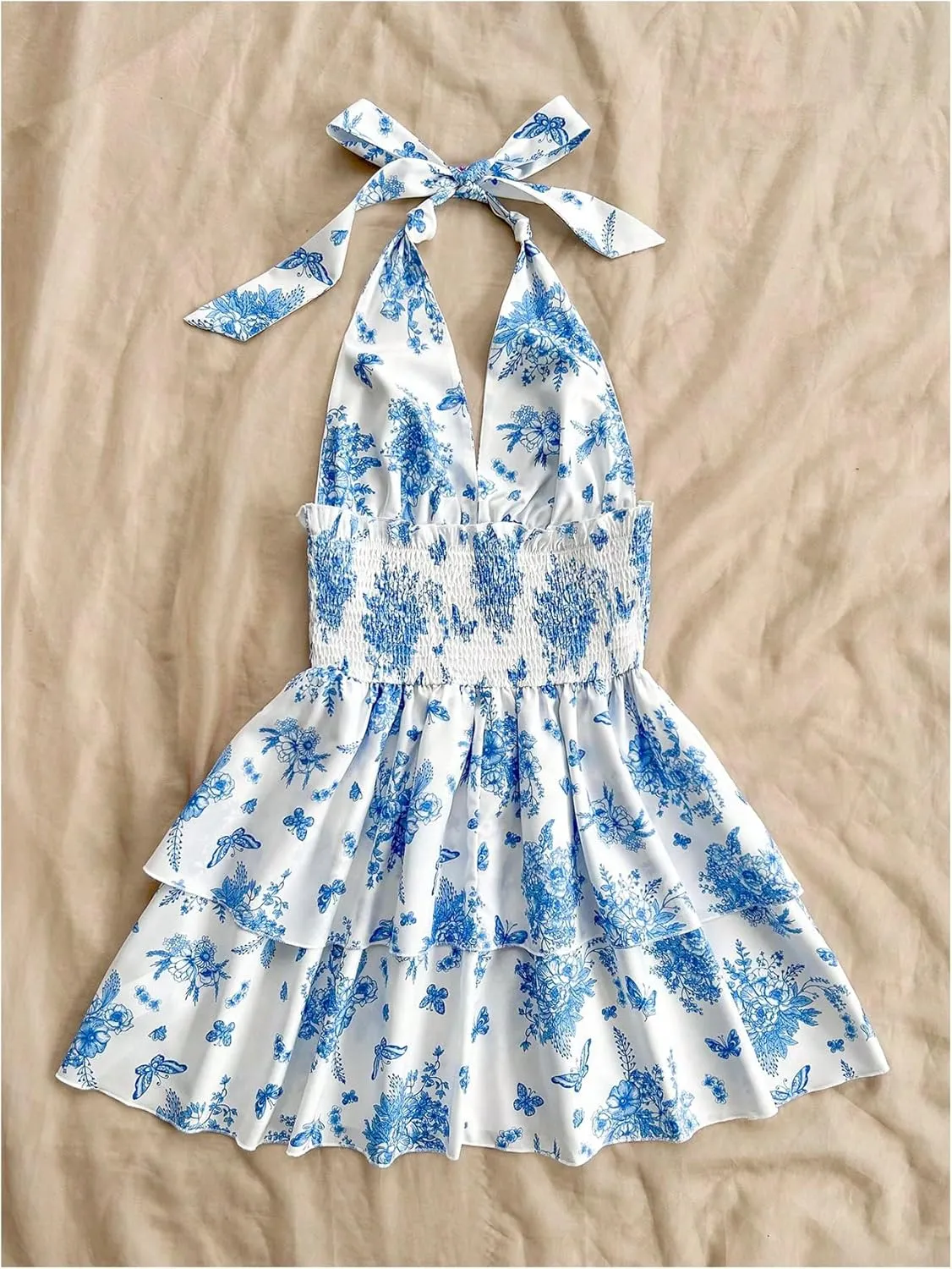 MakeMeChic Women's Floral Shirred Mini Dress Halter Ruffle Tiered Boho Summer Dresses