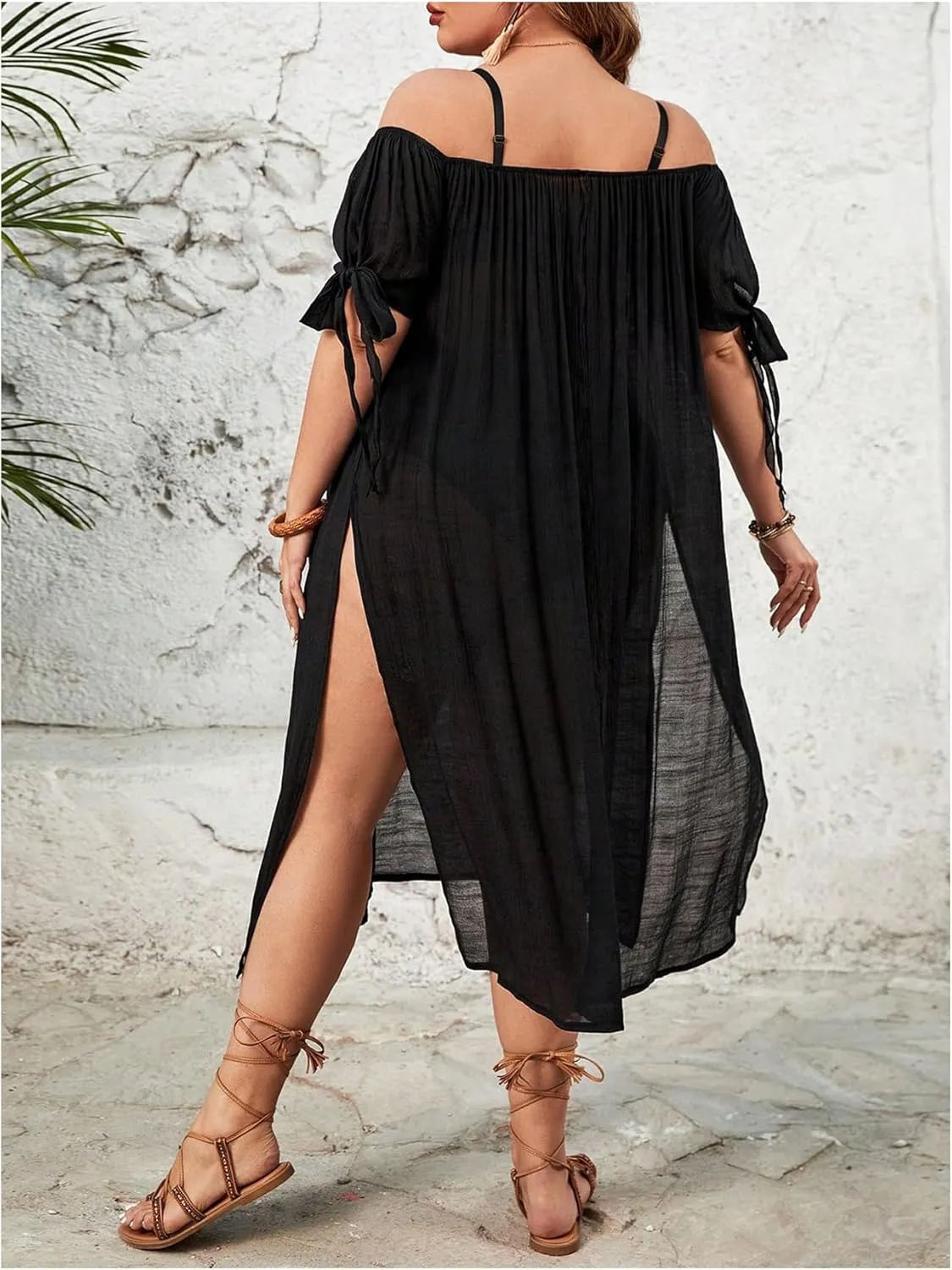 MakeMeChic Women's Plus Size Cover Up Dress Off The Shoulder Split Beach Midi Dress