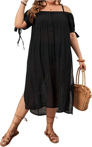 MakeMeChic Women's Plus Size Cover Up Dress Off The Shoulder Split Beach Midi Dress