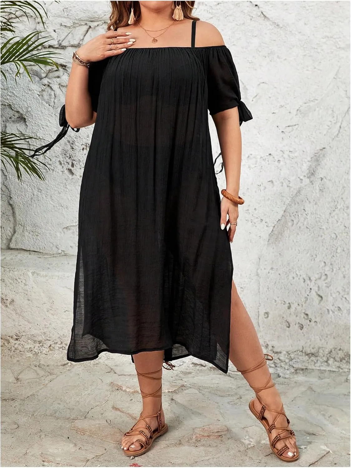 MakeMeChic Women's Plus Size Cover Up Dress Off The Shoulder Split Beach Midi Dress