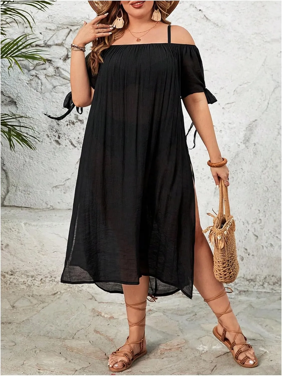 MakeMeChic Women's Plus Size Cover Up Dress Off The Shoulder Split Beach Midi Dress