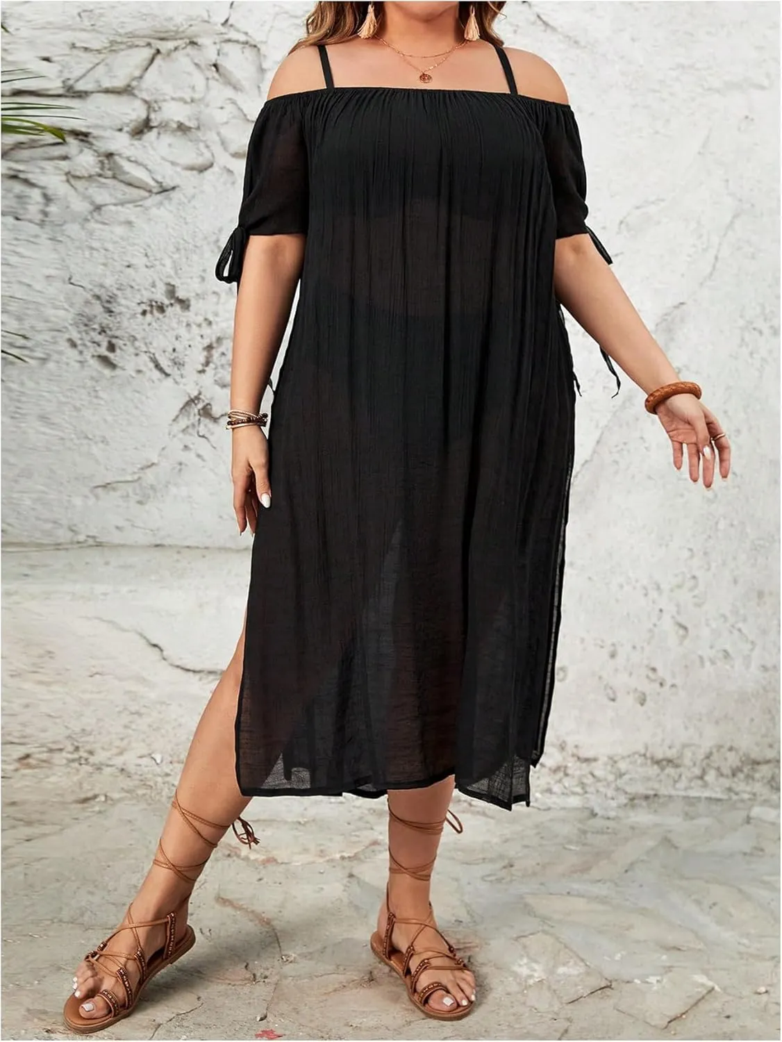 MakeMeChic Women's Plus Size Cover Up Dress Off The Shoulder Split Beach Midi Dress