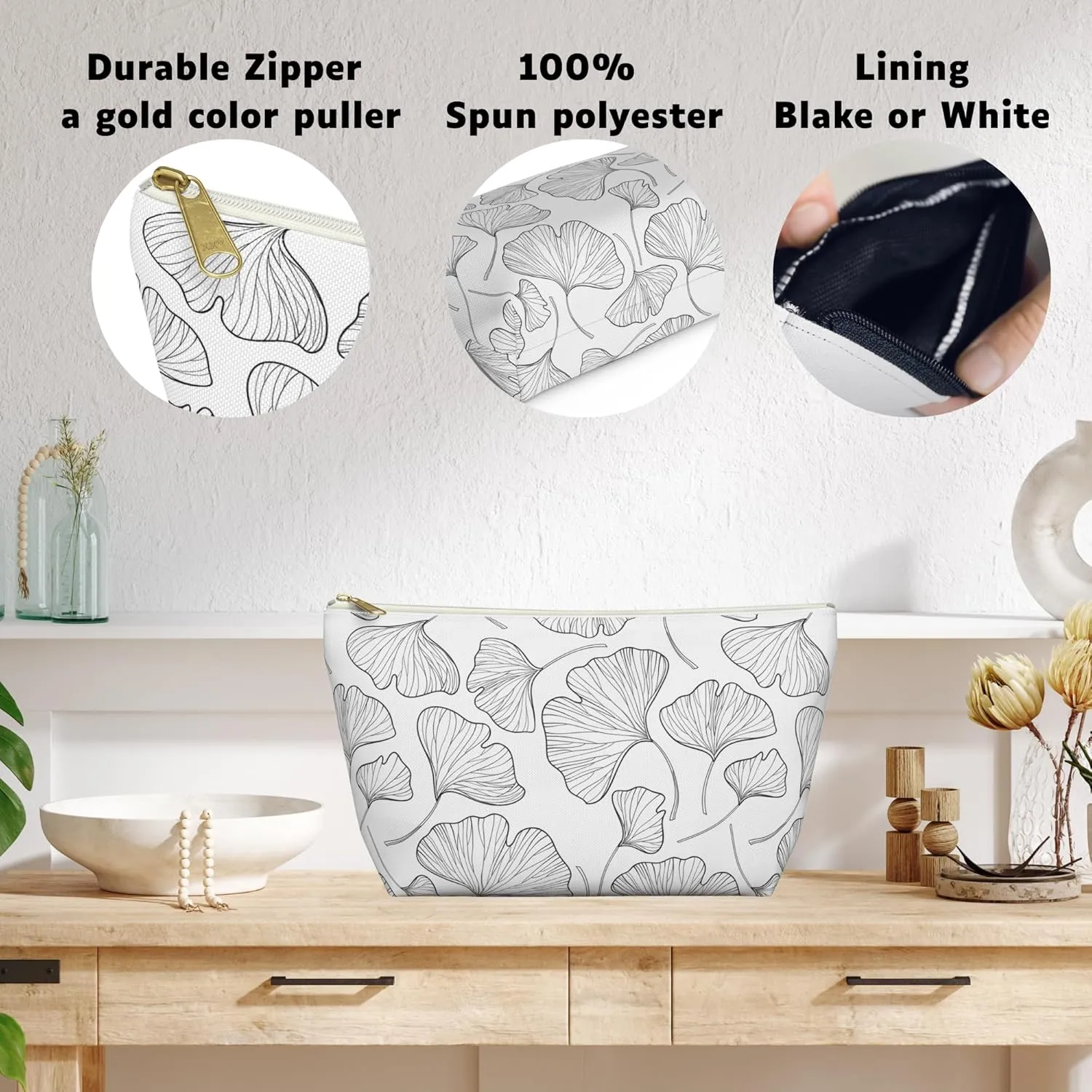 Makeup pouch,Accessory Pouch  Large Cosmetic Bag with Zipper  Travel Makeup Bag for Women  Minimalist Toiletry Organizer  Black & White Pencil Case (Ginkgo Leaf, Small)