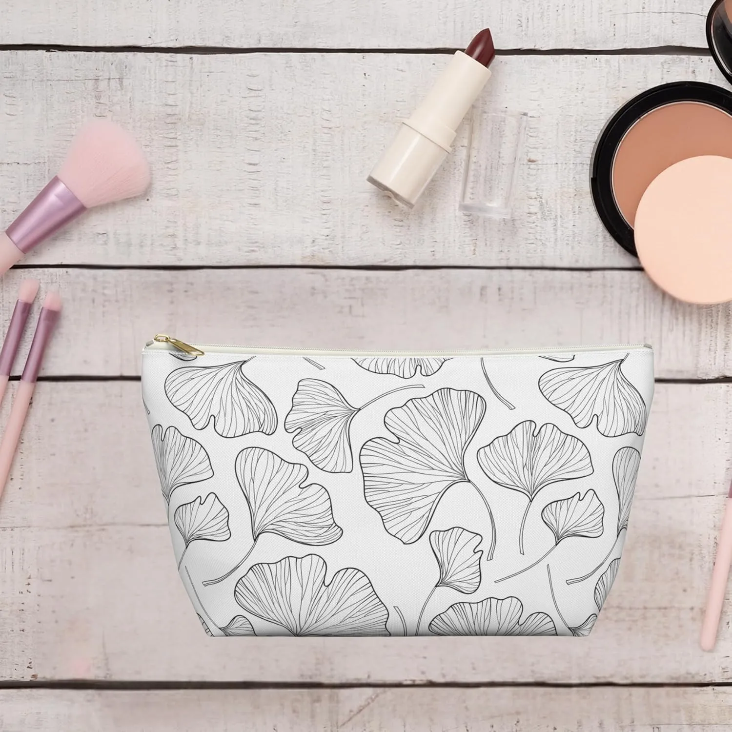 Makeup pouch,Accessory Pouch  Large Cosmetic Bag with Zipper  Travel Makeup Bag for Women  Minimalist Toiletry Organizer  Black & White Pencil Case (Ginkgo Leaf, Small)