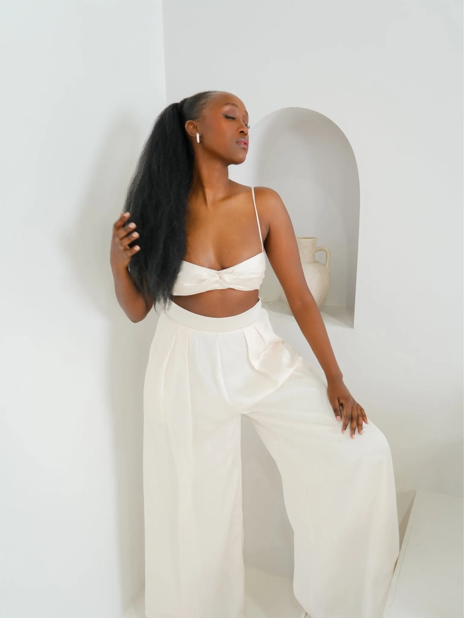Marlee Two Piece Set-Two-Piece Satin Set with Wide Leg Pants and Sweetheart Bralette
