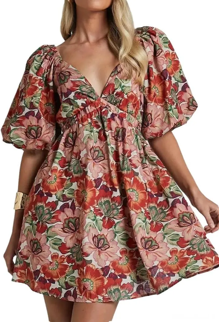 Melliflo Womens Boho Floral Puff Sleeve Dress Sexy V Neck Smock Waist Short Babydoll Dresses Y2k Bow Tie Vacation Beach Dress