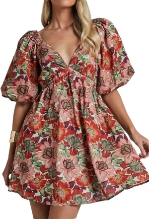 Melliflo Womens Boho Floral Puff Sleeve Dress Sexy V Neck Smock Waist Short Babydoll Dresses Y2k Bow Tie Vacation Beach Dress