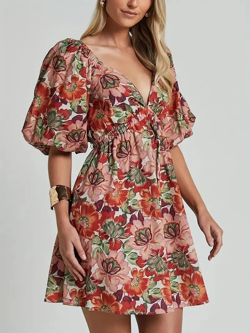 Melliflo Womens Boho Floral Puff Sleeve Dress Sexy V Neck Smock Waist Short Babydoll Dresses Y2k Bow Tie Vacation Beach Dress