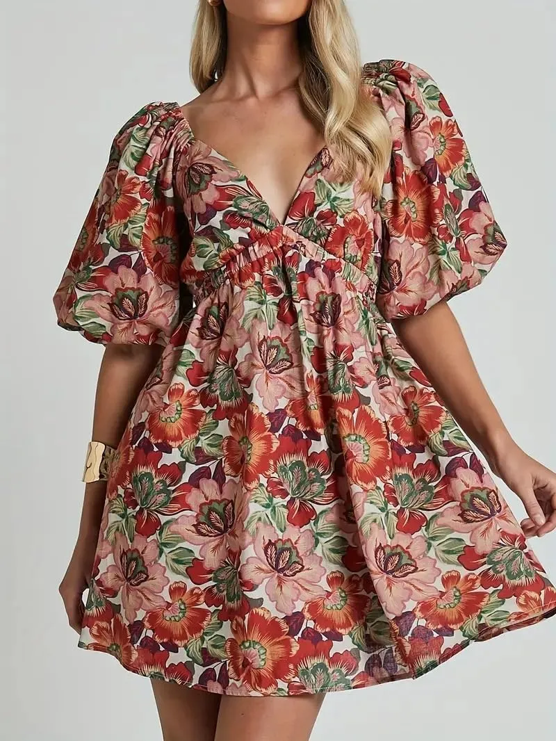 Melliflo Womens Boho Floral Puff Sleeve Dress Sexy V Neck Smock Waist Short Babydoll Dresses Y2k Bow Tie Vacation Beach Dress