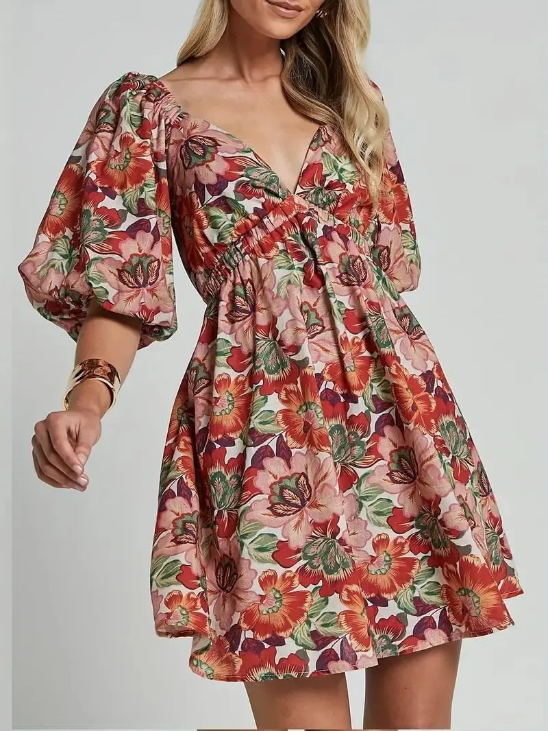 Melliflo Womens Boho Floral Puff Sleeve Dress Sexy V Neck Smock Waist Short Babydoll Dresses Y2k Bow Tie Vacation Beach Dress