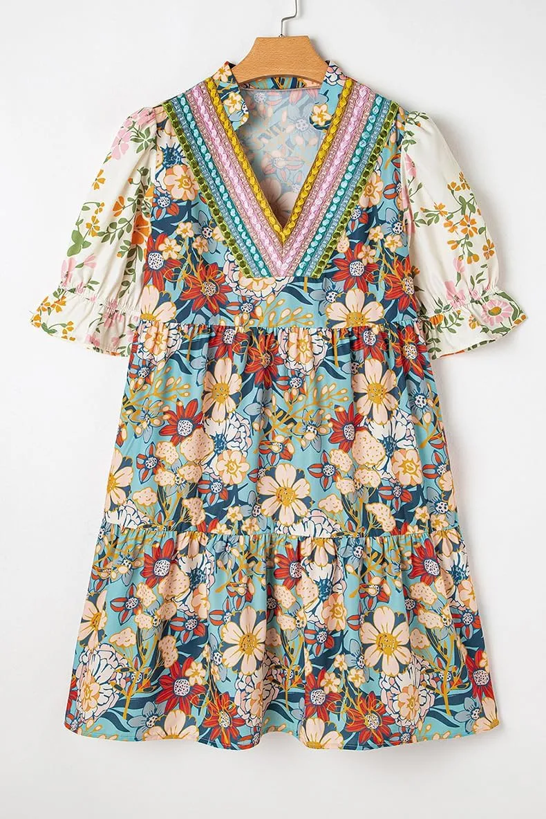 Melliflo Womens Summer Dresses 2025 Boho Floral Puff Sleeve Mini Dress Beach Vacation Short Babydoll Sundress