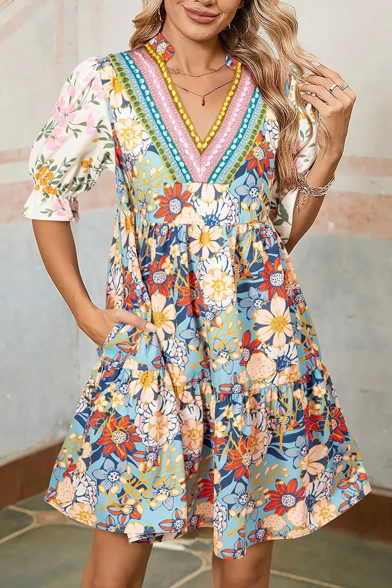 Melliflo Womens Summer Dresses 2025 Boho Floral Puff Sleeve Mini Dress Beach Vacation Short Babydoll Sundress