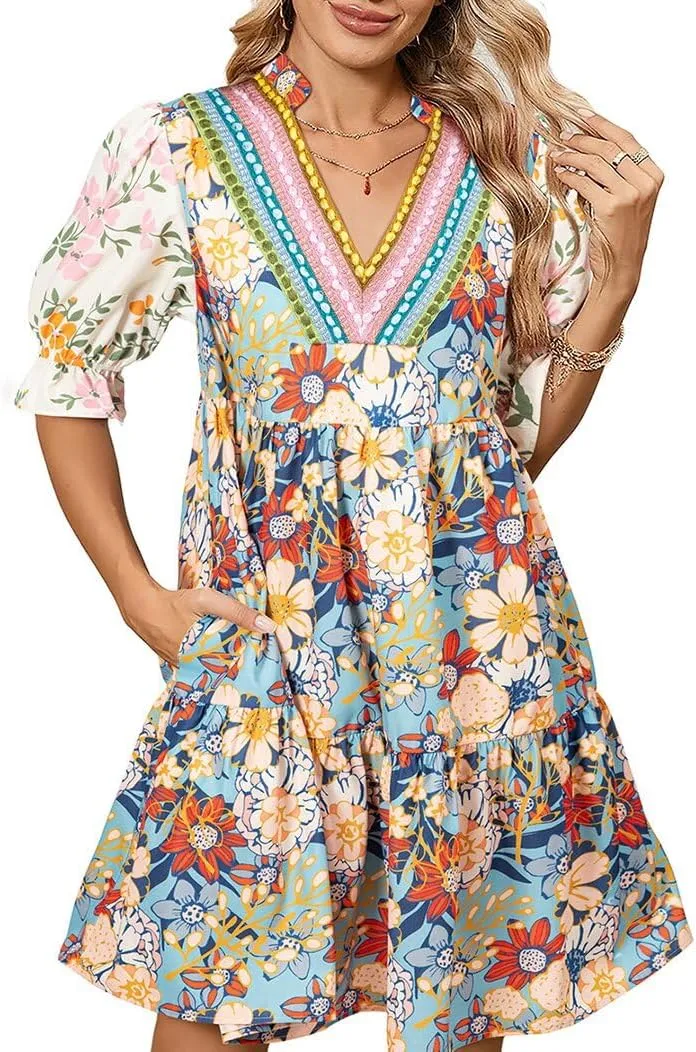 Melliflo Womens Summer Dresses 2025 Boho Floral Puff Sleeve Mini Dress Beach Vacation Short Babydoll Sundress