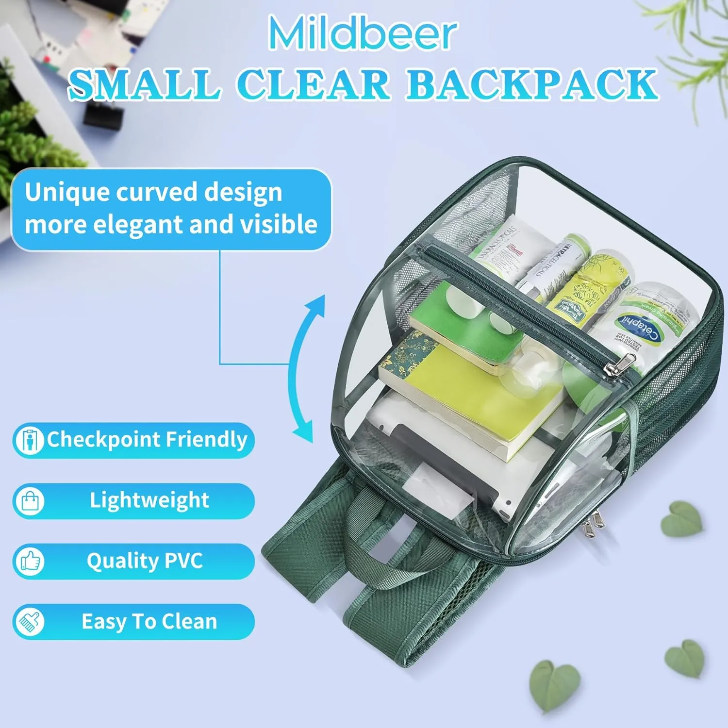 Mildbeer Small Clear Backpack, Stadium Approved 12x12x6 Clear Backpack for Women with 2 Bottle Holders for Festival Concert Sports Events