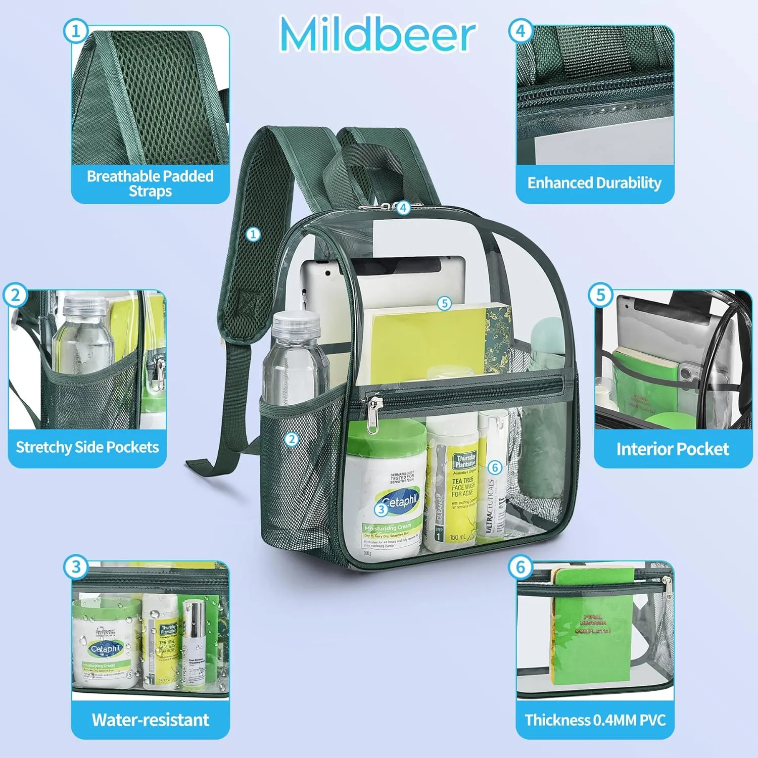 Mildbeer Small Clear Backpack, Stadium Approved 12x12x6 Clear Backpack for Women with 2 Bottle Holders for Festival Concert Sports Events