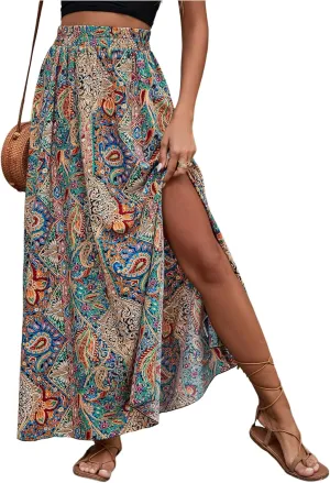 Milumia Women's Boho Paisley Maxi Skirt High Waist Split Thigh Flowy Swing A Line Skirts
