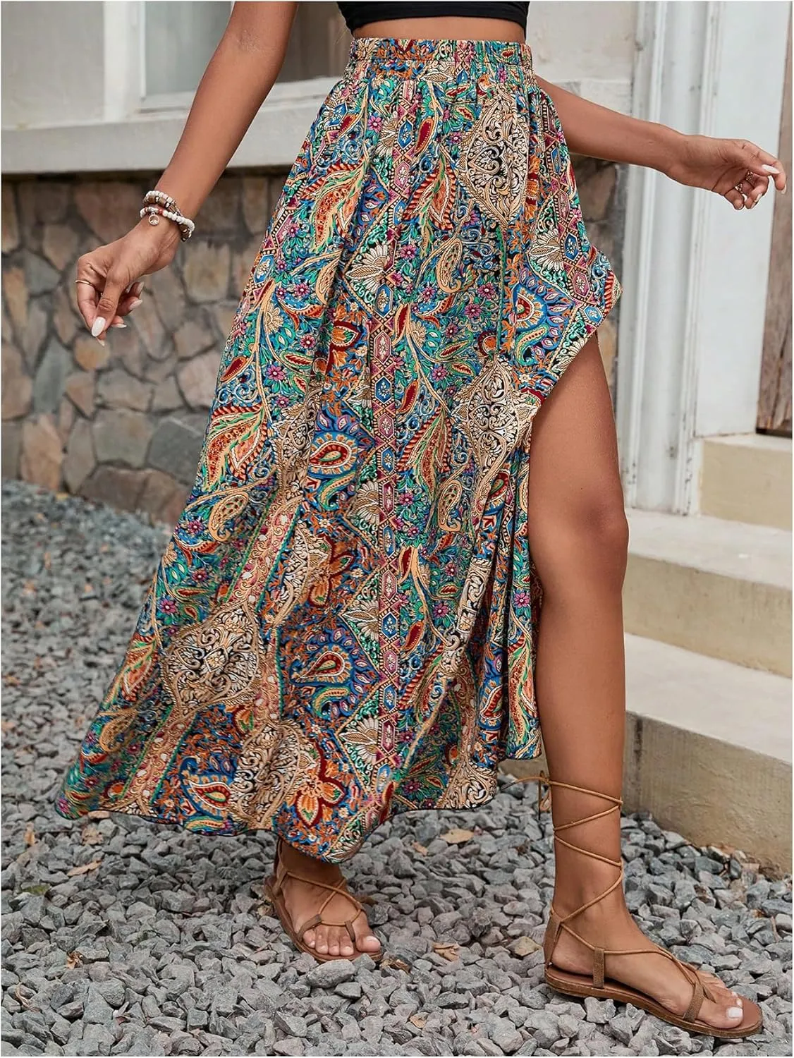 Milumia Women's Boho Paisley Maxi Skirt High Waist Split Thigh Flowy Swing A Line Skirts