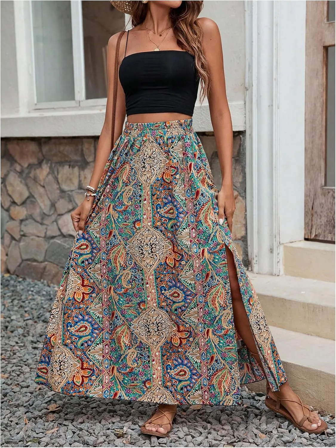 Milumia Women's Boho Paisley Maxi Skirt High Waist Split Thigh Flowy Swing A Line Skirts