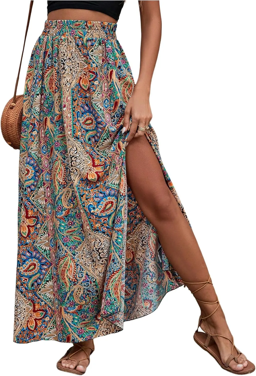 Milumia Women's Boho Paisley Maxi Skirt High Waist Split Thigh Flowy Swing A Line Skirts