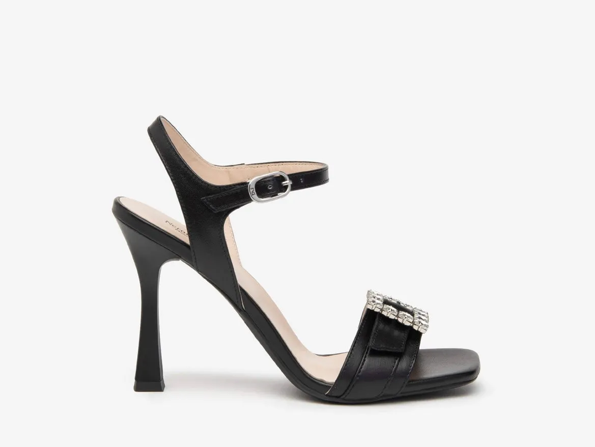 Nerogiardini black leather sandals with diamond detail buckle
