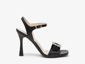 Nerogiardini black leather sandals with diamond detail buckle
