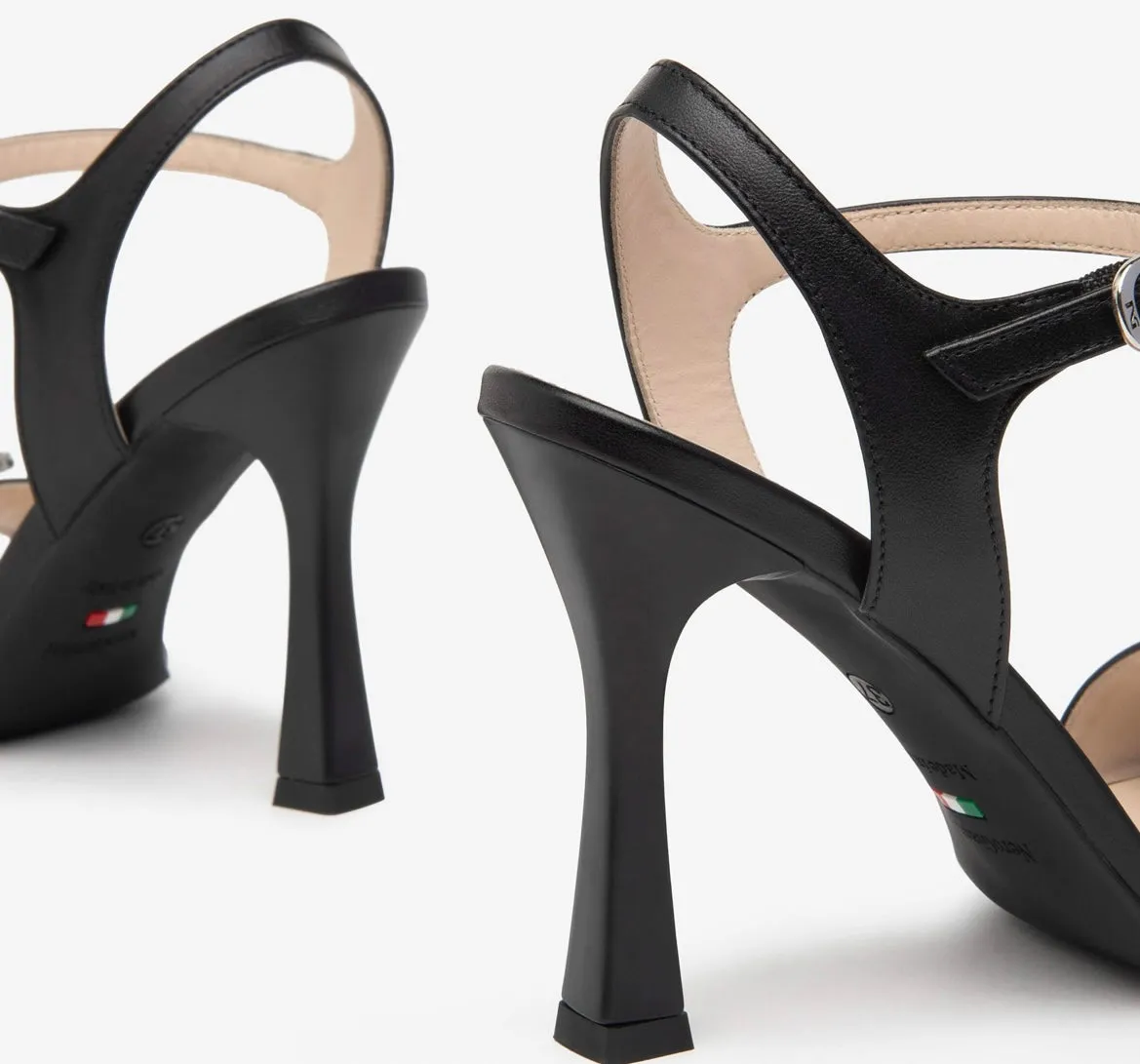 Nerogiardini black leather sandals with diamond detail buckle