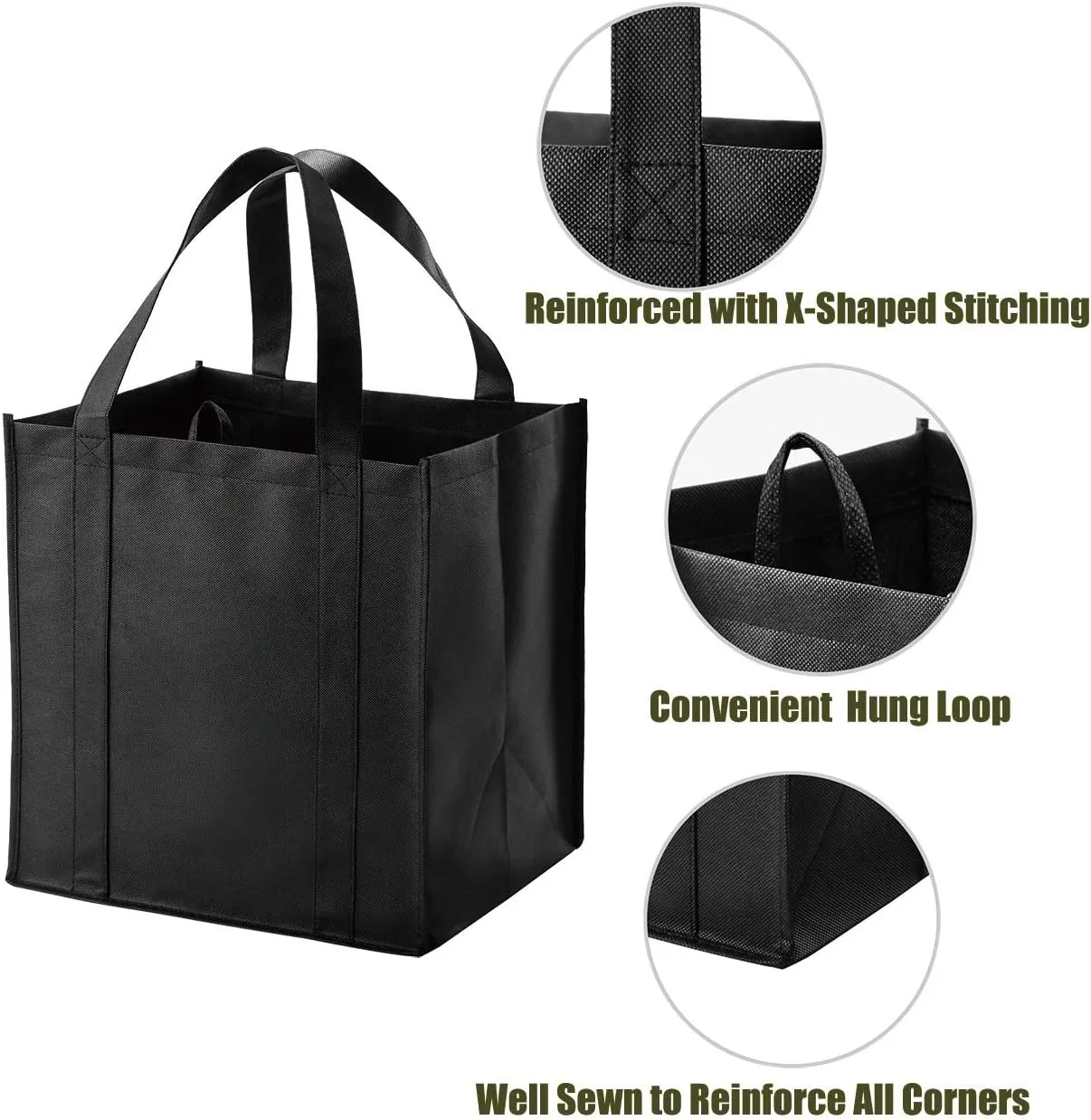 NERUB 10 Pack Reusable Reinforced Handle Grocery Bags - Heavy Duty Large Shopping Totes with Thick Plastic Bottom can hold 40 lbs