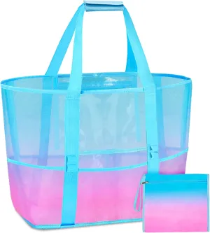 Nidoul Mesh Tote Bag with Zipper Pocket, Packable Large Beach Bags for Women Kids Vacation Travel Pool Swim