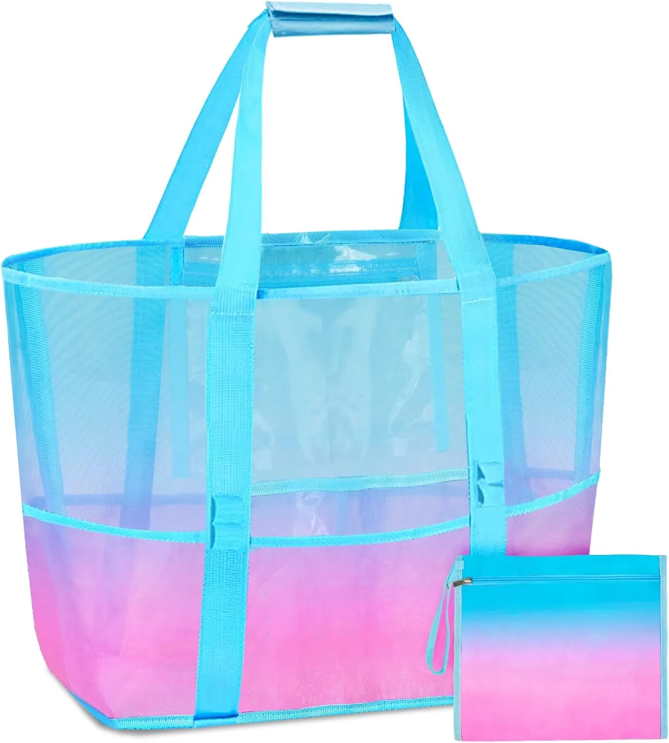 Nidoul Mesh Tote Bag with Zipper Pocket, Packable Large Beach Bags for Women Kids Vacation Travel Pool Swim
