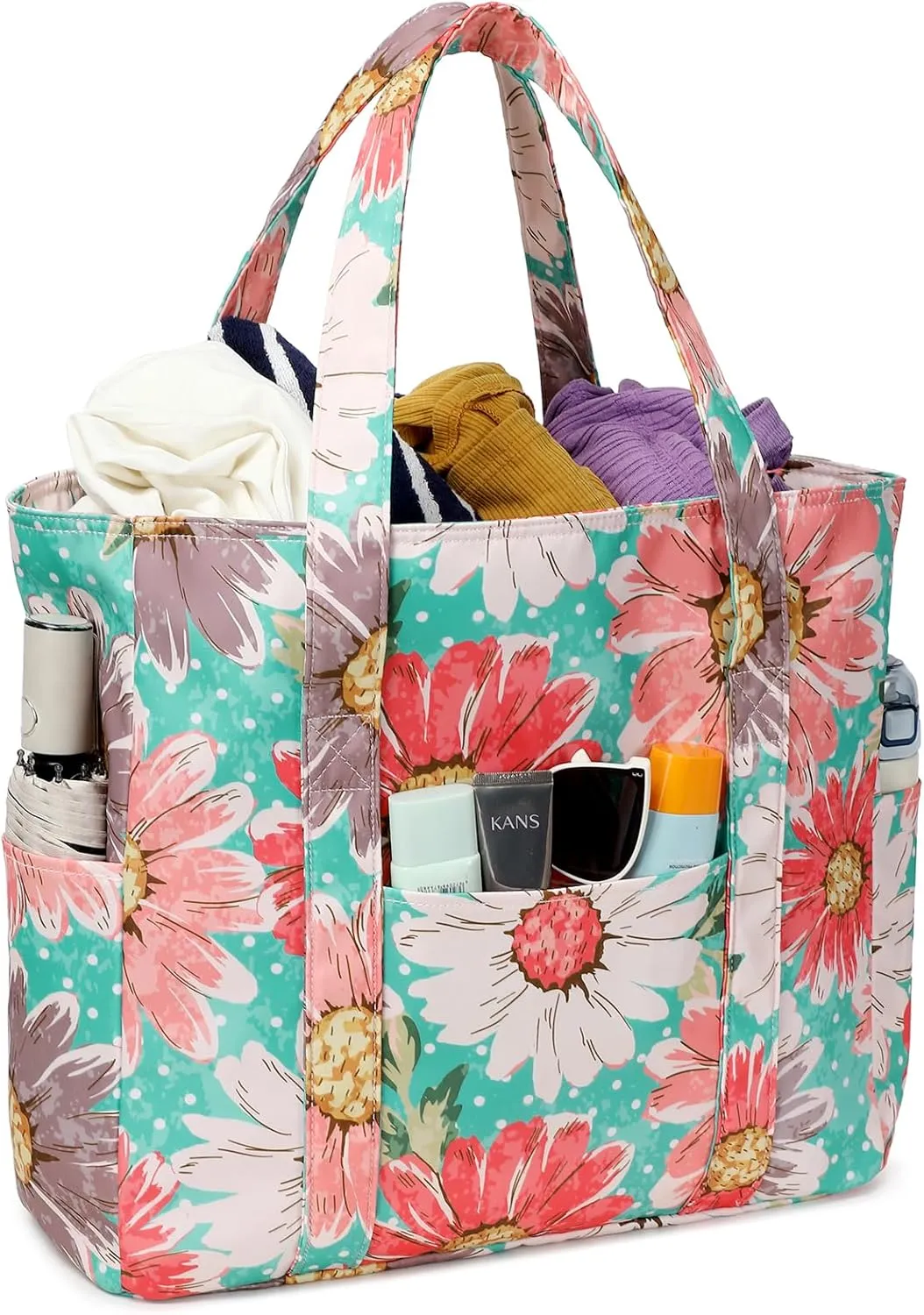 Octsky Roomy Beach Bags for Women - Waterproof Sandproof Beach Tote with Dual Zipper and Wet Pocket - 3 Outside Pockets