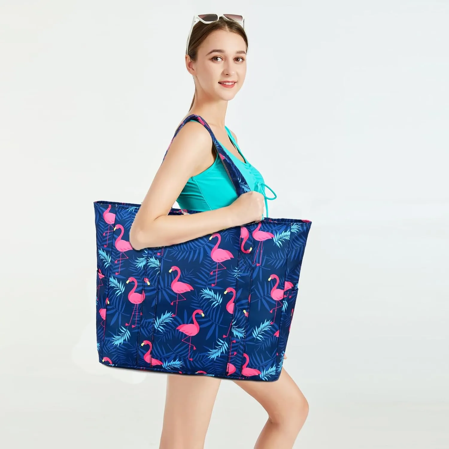 Octsky Roomy Beach Bags for Women - Waterproof Sandproof Beach Tote with Dual Zipper and Wet Pocket - 3 Outside Pockets