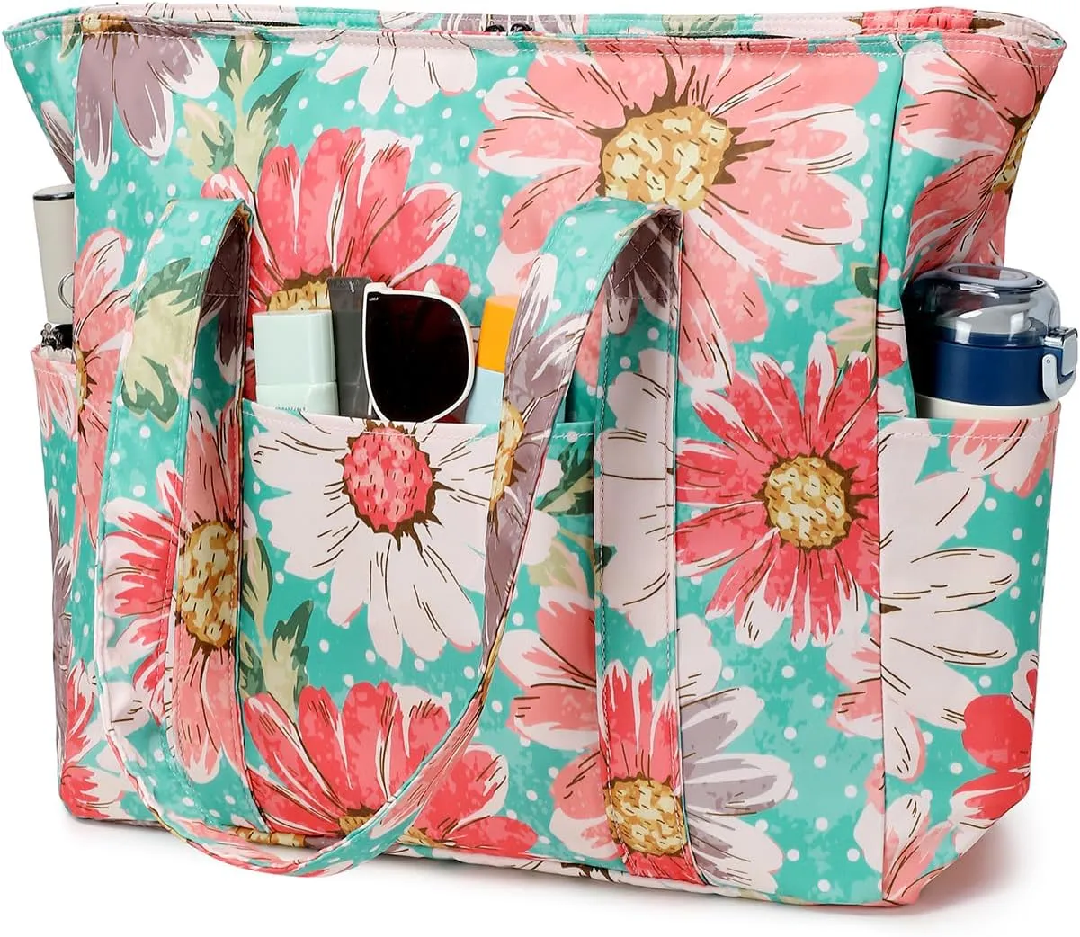 Octsky Roomy Beach Bags for Women - Waterproof Sandproof Beach Tote with Dual Zipper and Wet Pocket - 3 Outside Pockets
