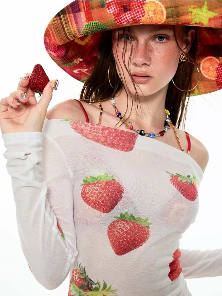 Off Shoulder Sheer Sexy Summer Print Tee【s0000009138】