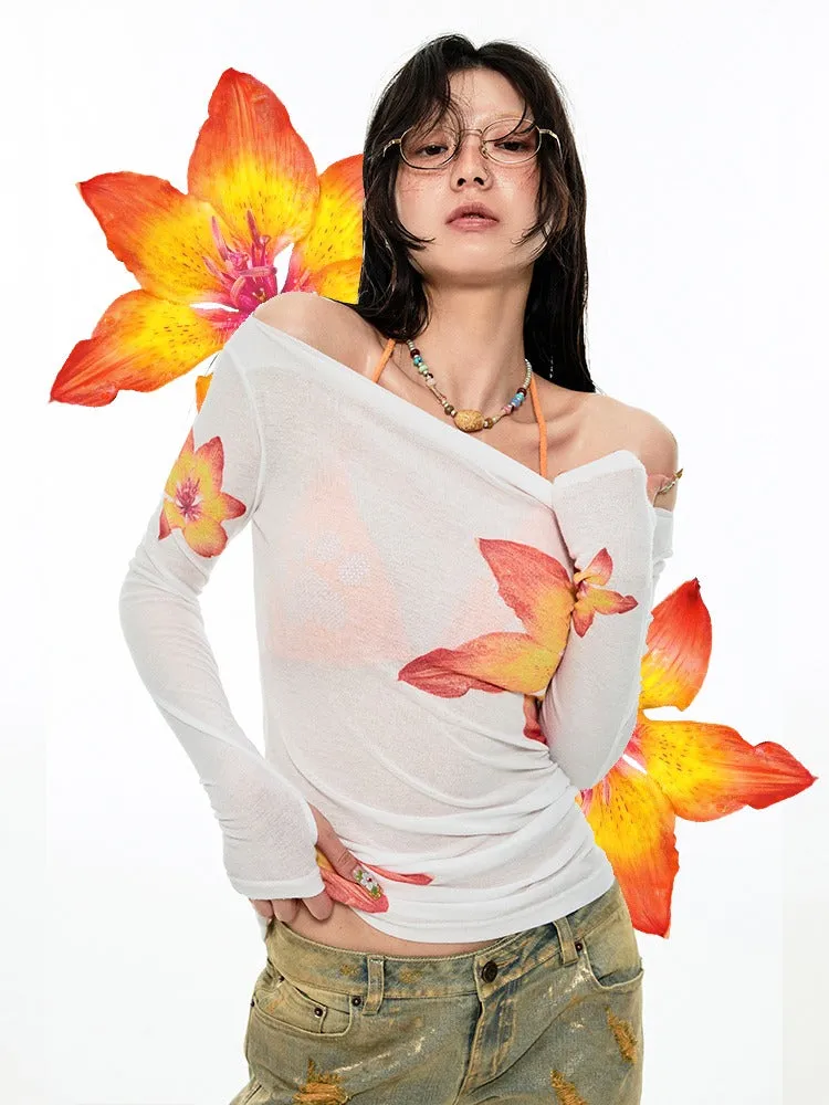 Off Shoulder Sheer Sexy Summer Print Tee【s0000009138】