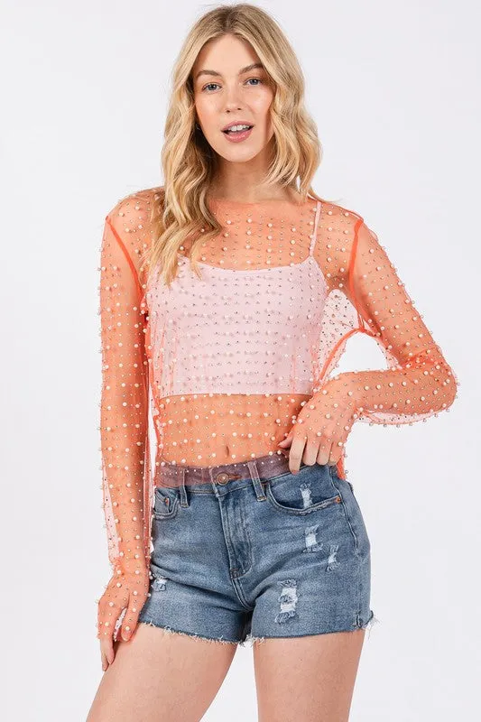 Orange Rhinestone Studded Long Sleeve Top