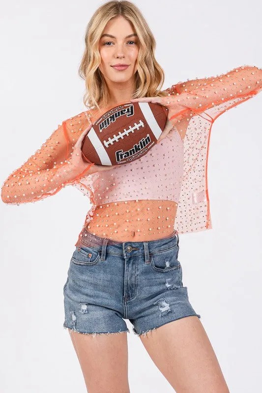 Orange Rhinestone Studded Long Sleeve Top