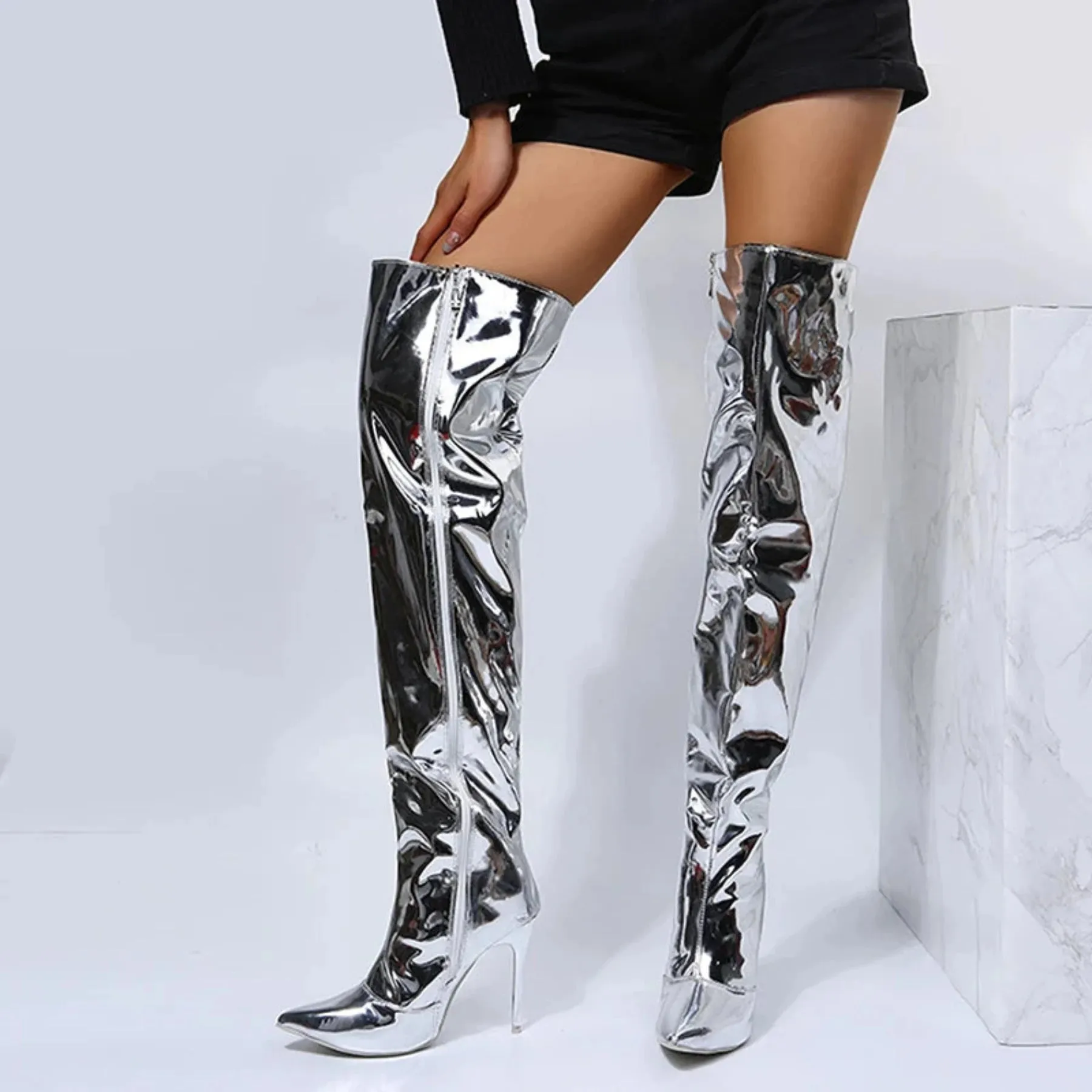 Over The Knee Long Boots Mirror Finish Pointy Toe